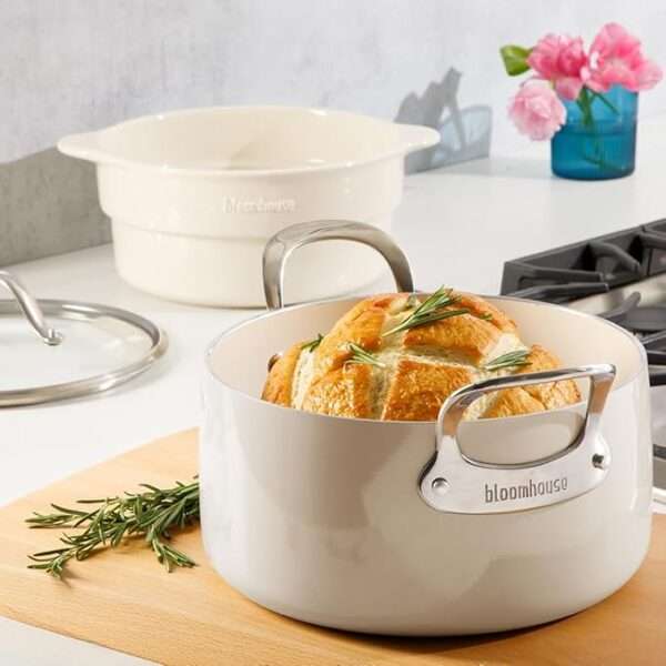 Oprah's Favorite Things - 6-QT Aluminum Enamel Dutch Oven w/Non-Stick Non-Toxic Ceramic Interior and Ceramic Steamer Insert - Oat White - Image 3